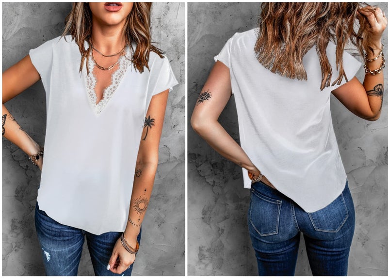 lime flare Women Sexy V Neck Lace Trim Satin T-Shirt Tops Dressy Silk Lacy TankBlouse Shirt (Cream Eyelash Lace Short Sleeve,X-Large) - Image 3